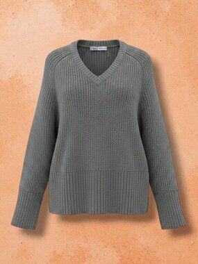 Zara Thick Knit V-Neck Sweater with Side Slits